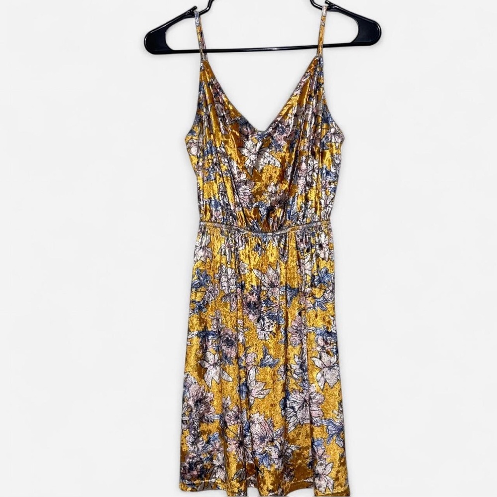 Yellow Floral Print Velvet Mini Dress